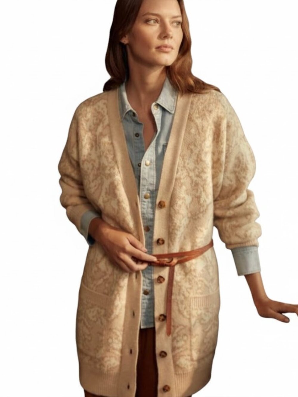Billy Reid Longline Jacquard Cardigan Large Tan Merino Wool New